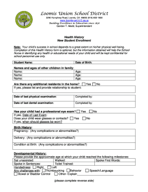 Health History Form for New Student Enrollment