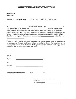 Subcontractor/Vendor Warranty Form