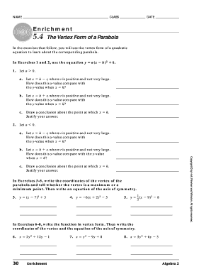 Vertex Form of a Parabola Worksheet
