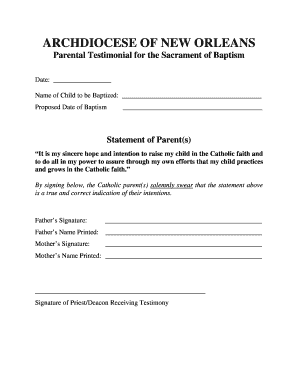 Parental and Godparent Testimonial for Catholic Baptism