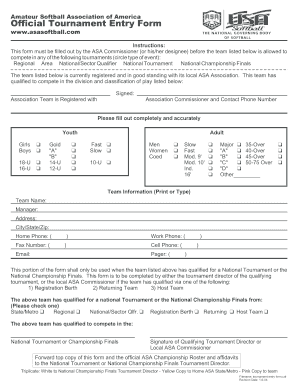 Amateur Softball Association Tournament Entry Form