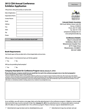 2012 CDA Annual Conference Exhibitor Application Print Form Fill out form, then print and fax or mail to CDA