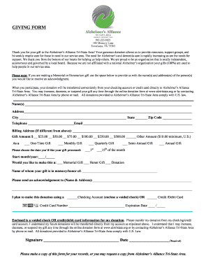 Alzheimer’s Alliance Tri-State Area Donation Form