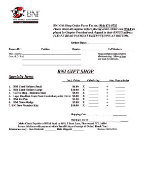 BNI Gift Shop Order Form