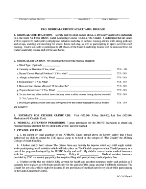 Citadel Medical Certificate and Release Form