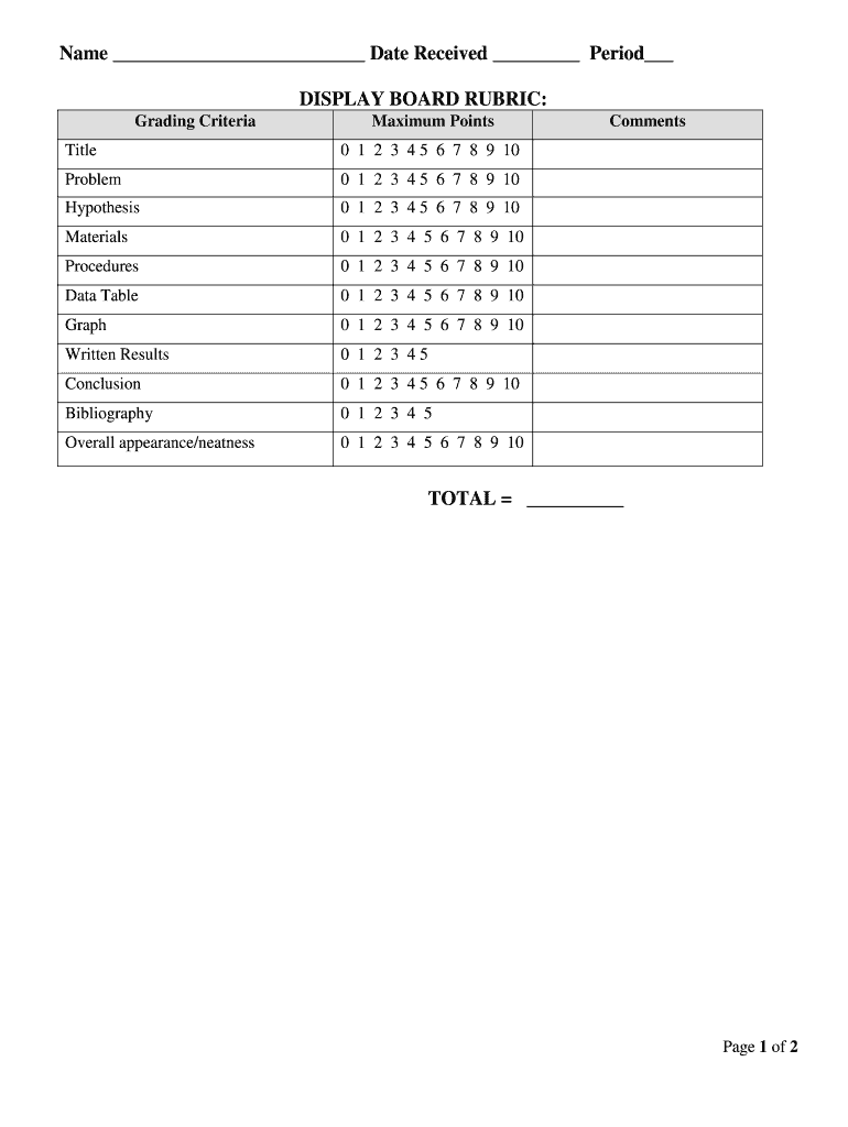 Fillable Online Name Date Received Period DISPLAY BOARD RUBRIC Grading