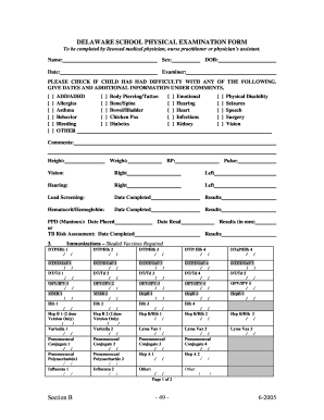 Delaware School Physical Examination Form