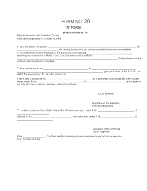 Form 20 for Import/Export of Goods for Processing in Mumbai