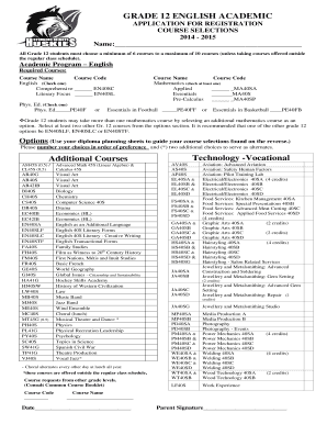 Grade 12 English Academic Application for Registration