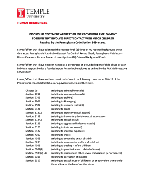 Pennsylvania Disclosure Statement Application for Provisional Employment