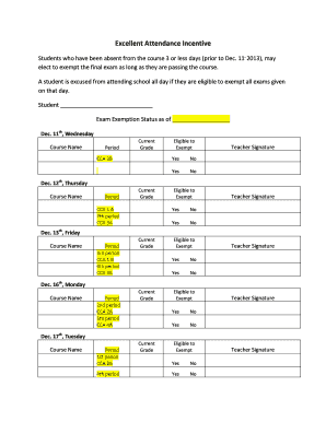 Excellent Attendance Incentive Form
