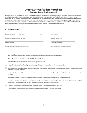 2015–2016 Verification Worksheet for Dependent Student