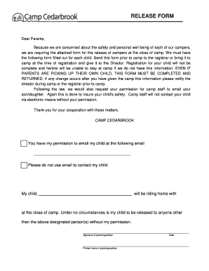 Camp Cedarbrook Camper Release Form