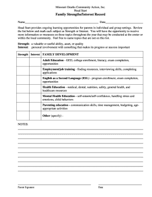 Head Start Family Strengths/Interest Record