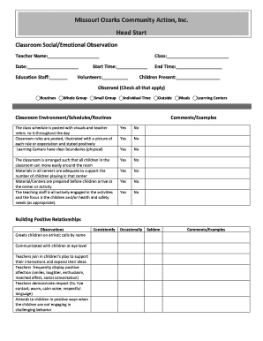 Head Start Classroom Social Emotional Observation Form