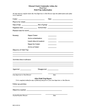 Missouri Head Start Field Trip Authorization