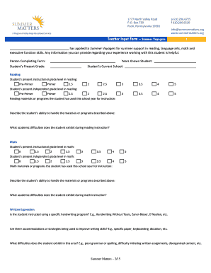 Teacher Input Form – Summer Voyagers