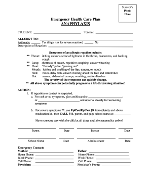 Student Emergency Health Care Plan for Anaphylaxis