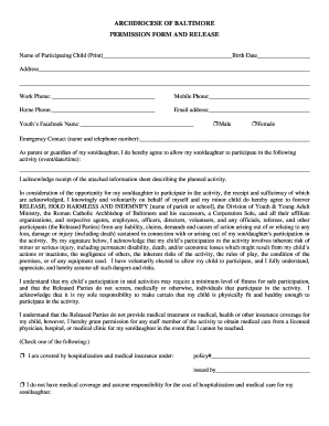 Archdiocese of Baltimore Permission Form and Release