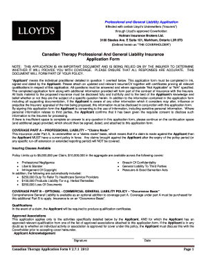 Canadian Therapy Professional and General Liability Application