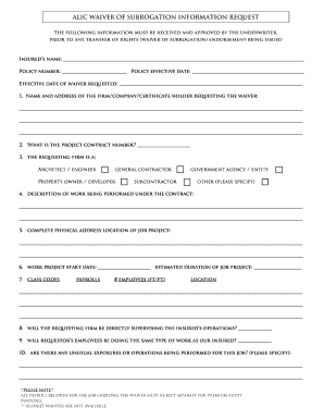 Alic Waiver of Subrogation Information Request