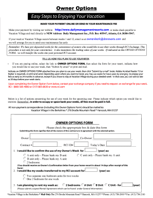 Vacation Village Owner Options Form