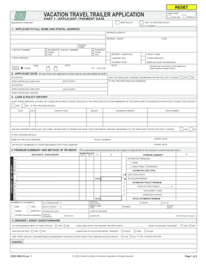 Vacation Travel Trailer Insurance Application