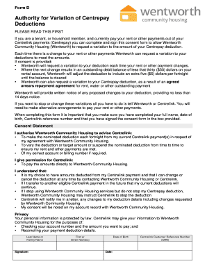 Centrepay Deduction Variation Consent Form