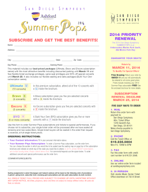 San Diego Symphony 2014 Summer Pops Subscription Form