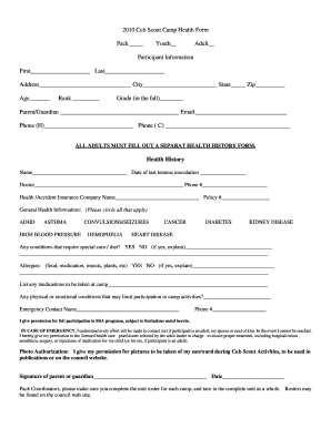 2010 Cub Scout Camp Health Form