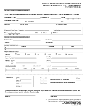 Mount Saint Vincent University Vision Care Claim Form