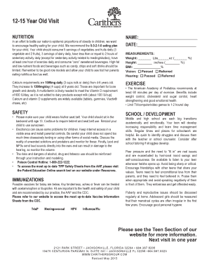 12-15 Year Old Nutrition and Health Visit Form