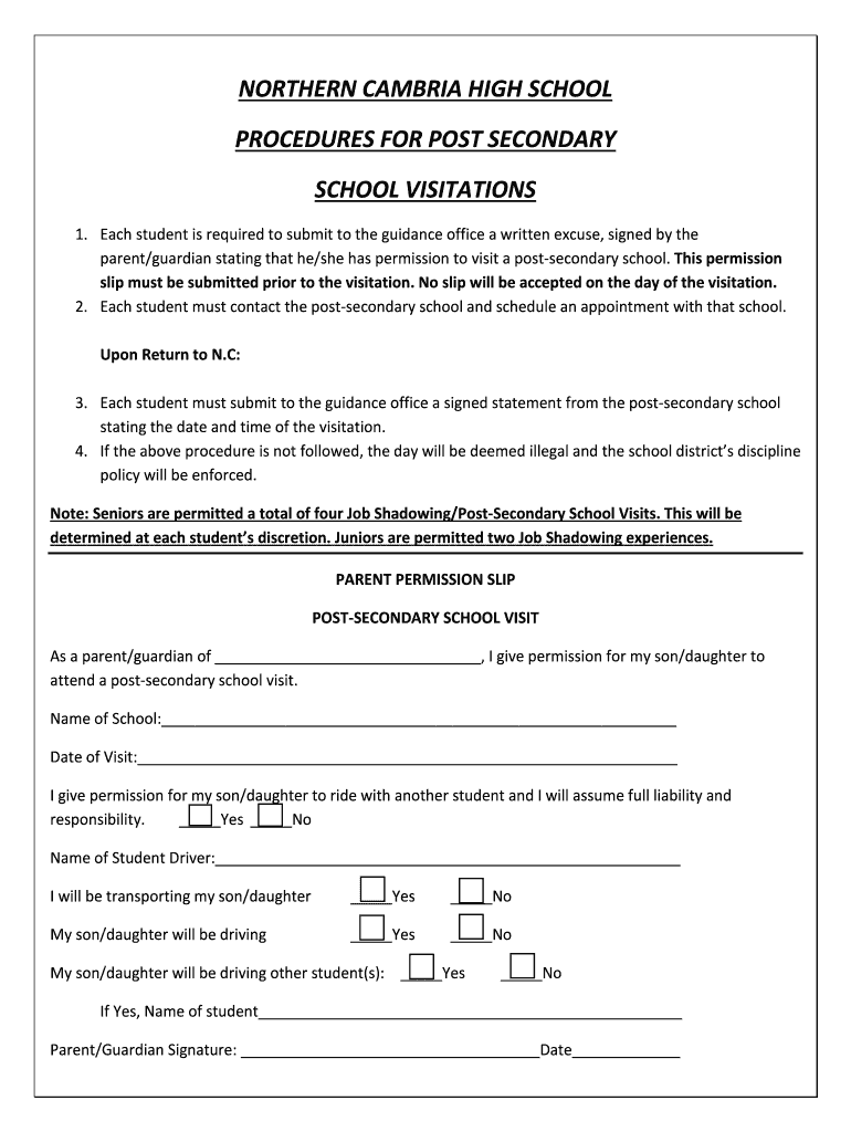 Fillable Online ncsd k12 pa PostSecondary School Visit Form Northern