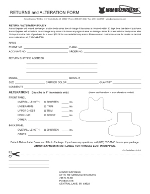 Armor Express Return Alteration Form