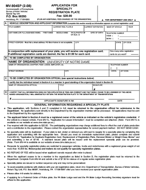 Pennsylvania Specialty Registration Plate Application