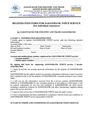 Saigonbank Topup Service Registration Form