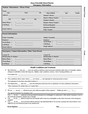 Osseo-Fairchild School District Emergency Information Form