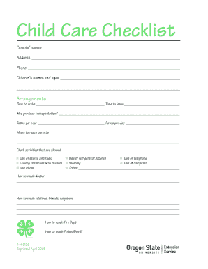 Child Care Checklist Form