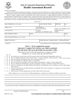 Connecticut Student Health Assessment Record