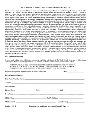 NFL Play 60 Camp Waiver of Liability