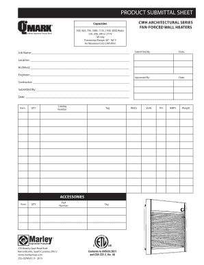 Product Submittal Sheet for Fan-Forced Wall Heaters