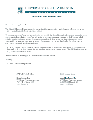 Clinical Education Welcome Letter and Forms