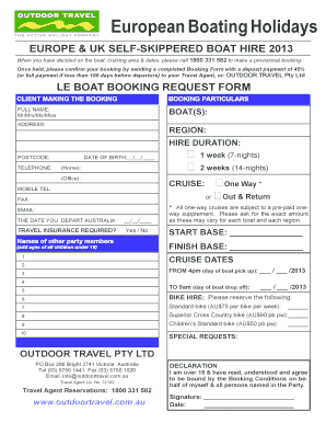 European Boating Holidays Booking Form