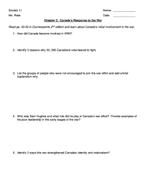 Canada WWI Study Worksheet
