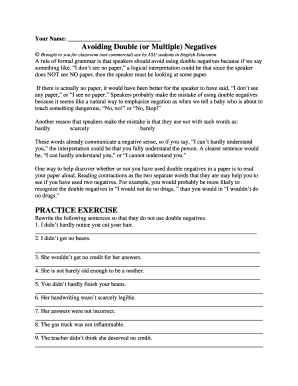 Avoiding Double Negatives Worksheet
