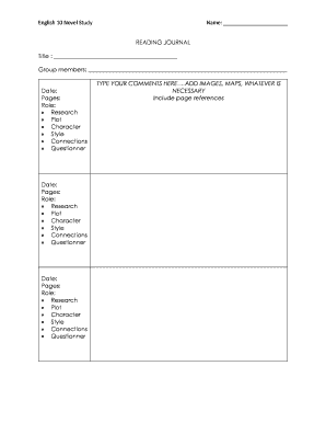 English 10 Novel Study Reading Journal