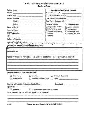 Pediatric Ambulatory Health Clinic Booking Form