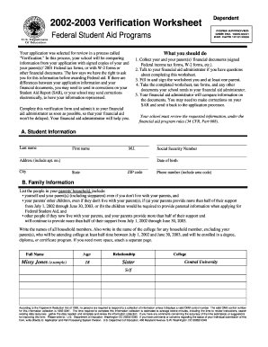 2002-2003 Verification Worksheet Dependent
