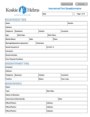 Insurance Tort Questionnaire