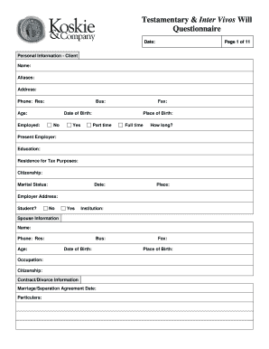 Testamentary and Inter Vivos Will Questionnaire